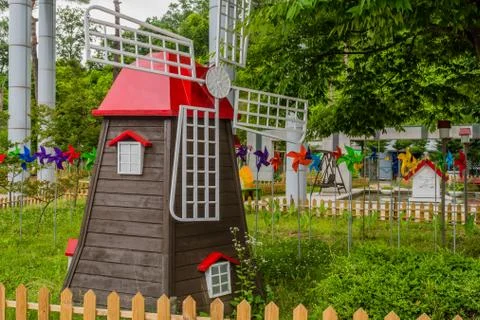 Miniature windmill at roadside park. Stock Photos