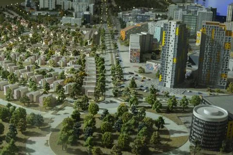 Miniatures layout of a city block with multi-storey buildings and townhouses Stock Photos