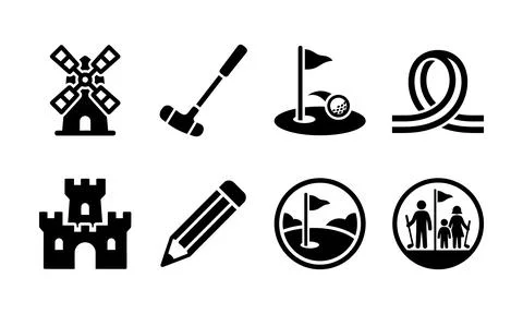 Minigolf silhouette icons featuring obstacles putter and family players Ilustración de archivo