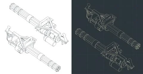 Minigun isometric blueprints Stock Illustration