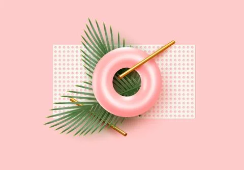 Minimal 3d design with realistic objects, green palm leaves and branches, round 스톡 일러스트
