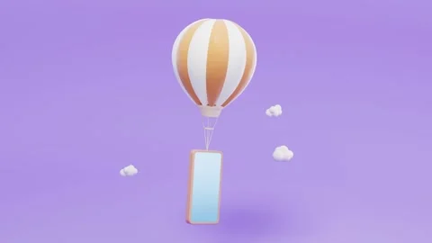 Minimal 3d render animation of hot air balloon with mobile phone flying slo.. Video stock 332146279
