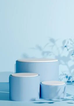 Minimal 3D render of blue cylinder podium stands with soft leaf shadows on .. Stock Illustration