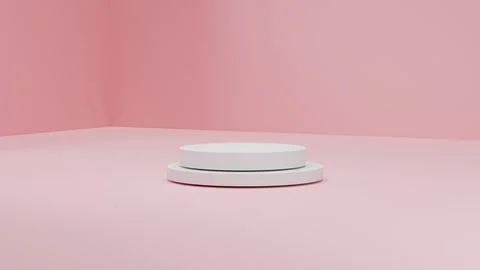 Minimal 3D render scene with white cylinder podiums on soft pink background.. Stock Photos