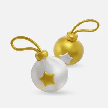 Minimal 3D render of white and gold Christmas baubles with star details, perfect Stock Illustration