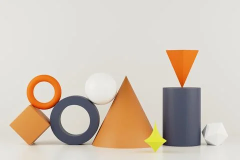 Minimal 3D shapes in studio: cones, rings, sphere, cylinder. Stock Illustration