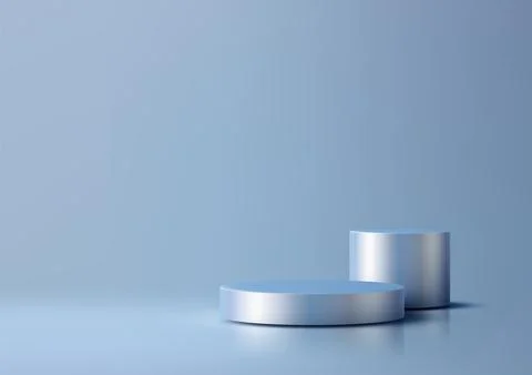 Minimal 3D Silver Cylindrical Platforms on Light Blue Background, Clean Mod.. Stock Illustration