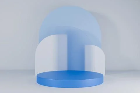 Minimal 3D studio background with blue translucent arch and light blue podium Stock Illustration