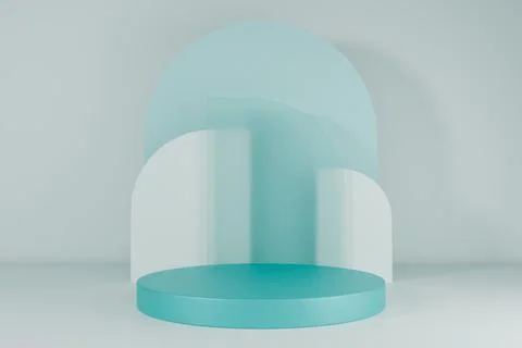 Minimal 3D studio background with blue podium and translucent arch shapes Ilustración de archivo
