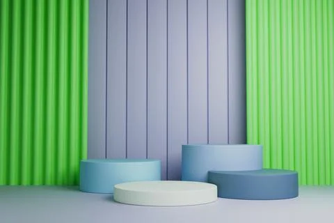 Minimal 3D studio background with blue, green, and pink podiums and arch shapes Stock Illustration