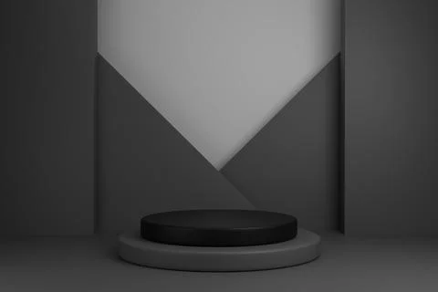 Minimal 3D studio background with dark gray podium and sharp triangle shapes Illustrazione stock