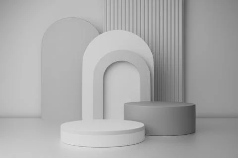 Minimal 3D studio background with gray and white podiums and arch shapes Stock Illustration