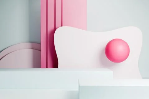 Minimal 3D studio background with light pink shapes, podium, and sphere Stock Illustration