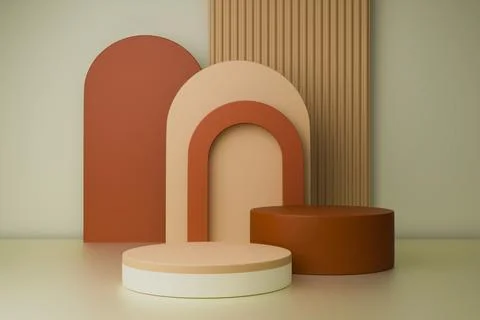 Minimal 3D studio background with orange and pink podiums and arch shapes Stock Illustration