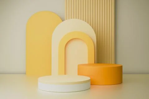 Minimal 3D studio background with yellow and white podiums and arch shapes Ilustración de archivo