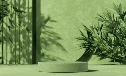 Minimal abstract background with 3D concrete podium display with green leaves Stock Illustration
