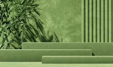 Minimal abstract background with 3D concrete podium display with green leaves Stock Illustration