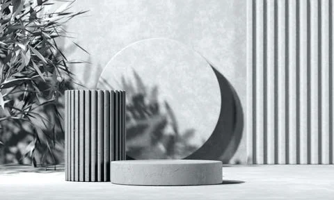 Minimal abstract background with 3D concrete podium display in black and white Stock Photos