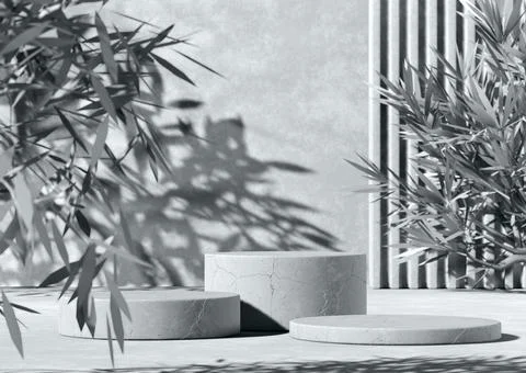 Minimal abstract background with 3D concrete podium display in black and white Stock Photos
