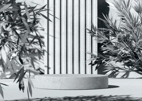 Minimal abstract background with 3D concrete podium display in black and white Stock Photos