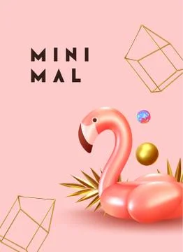 Minimal Abstract Background with 3d objects, pink bird flamingo, geometric go Stock Illustration