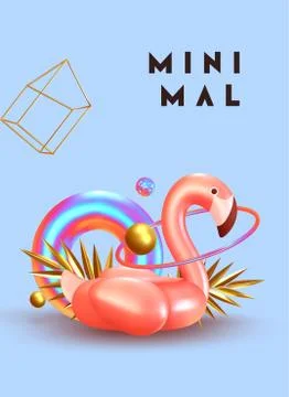 Minimal Abstract Background with 3d objects, pink bird flamingo, shape torus  Stockillustratie