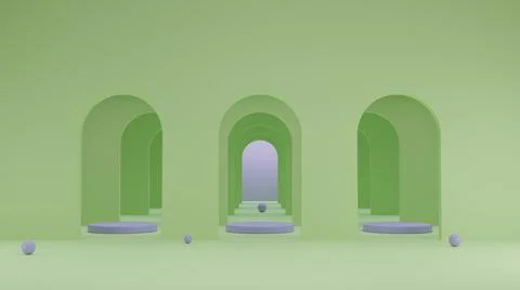 Minimal abstract cylindrical stage with arch doors 3D render illustration Illustrazione stock