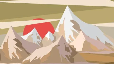 Minimal Abstract Mountain Landscape Sunset Scene - Vector Illustration. Stock Illustration