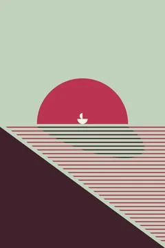 Minimal Abstract Sunset Wall Art with Geometric Circle and Horizontal Line .. Stock Illustration