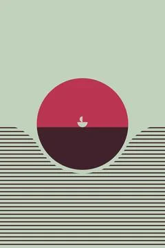 Minimal Abstract Sunset Wall Art with Geometric Circle and Horizontal Line .. Stock Illustration