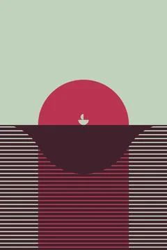Minimal Abstract Sunset Wall Art with Geometric Circle and Horizontal Line .. Stock Illustration