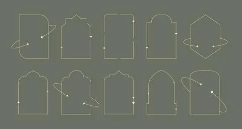 Minimal aesthetic linear frames, arches with decorative stars, moons. Boho Stock Illustration