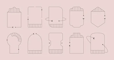 Minimal aesthetic linear frames, arches with decorative stars, moons. Boho Illustrazione stock