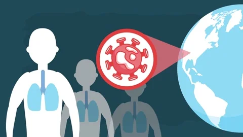 Minimal animation of stylized human figures with lungs and rotating covid v.. Stock Footage 338314393