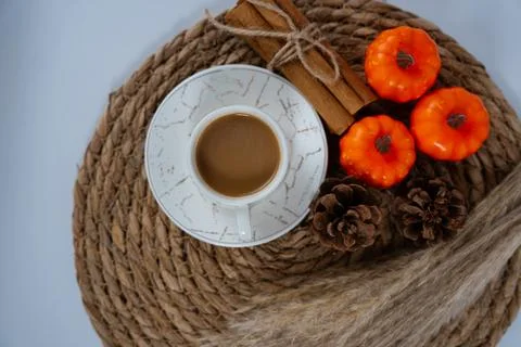 Minimal autumn flat lay, rustic coffee scene, orange flowers seasonal, cozy fall Stock Photos