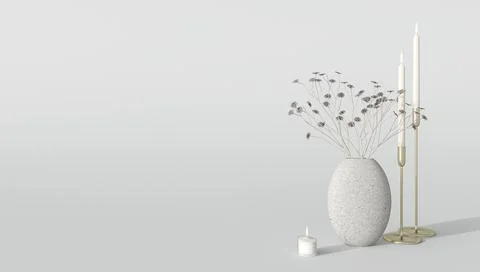 Minimal background decor with vase, candles and dry flower. Mockup scene with Stock-Illustration