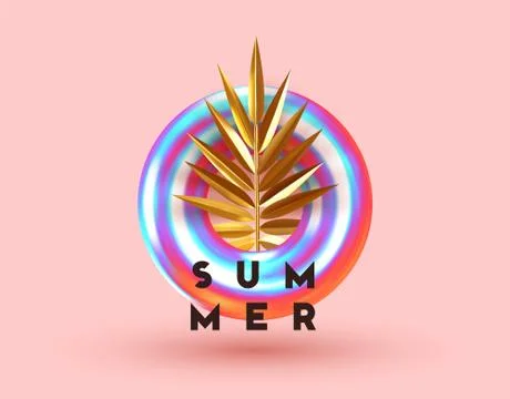 Minimal background with realistic 3d objects Torus and golden palm leaves. Ab Stock Illustration