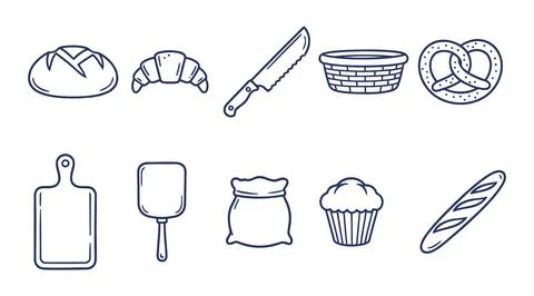 Minimal Bakery Icon Set with Bread Croissant Pretzel and Baking Tools Illustrazione stock