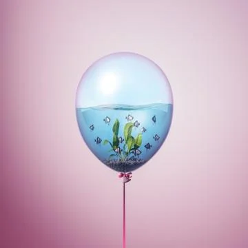Minimal balloon concept with small silver angelfish fishes swimming inside Stock Photos