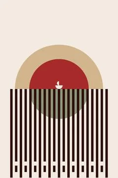 Minimal Bauhaus Wall Art with Olive Green Circle and Red Horizontal Lines Stock-Illustration