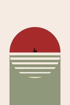 Minimal Bauhaus Wall Art with Olive Green Circle and Red Horizontal Lines Stock-Illustration