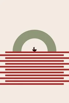 Minimal Bauhaus Wall Art with Olive Green Circle and Red Horizontal Lines 스톡 일러스트