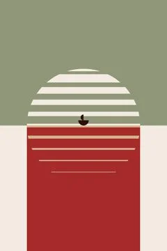 Minimal Bauhaus Wall Art with Olive Green Circle and Red Horizontal Lines 스톡 일러스트
