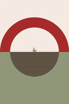 Minimal Bauhaus Wall Art with Olive Green Circle and Red Horizontal Lines Stock Illustration