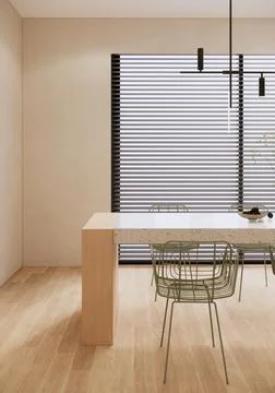 Minimal beige room with dining table, wooden details, minimalistic interior. Stock Illustration