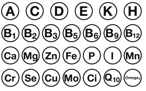 Minimal black and white set of vitamin and mineral icons in clean circular ou Stock Illustration