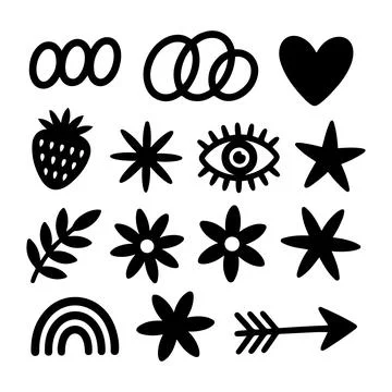 Minimal Black Icon Set Abstract Shapes Symbols Floral Eye Heart Star Vector.. Stock Illustration