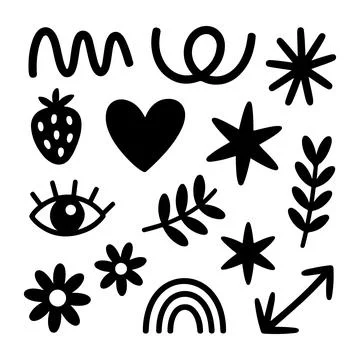 Minimal Black Icon Set Abstract Shapes Symbols Floral Eye Heart Star Vector.. Stock Illustration