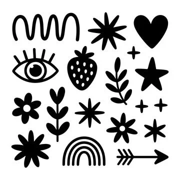 Minimal Black Icon Set Abstract Shapes Symbols Floral Eye Heart Star Vector.. Stock Illustration