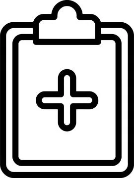 A minimal black outline icon representing a medical clipboard featuring a c.. Stock Illustration